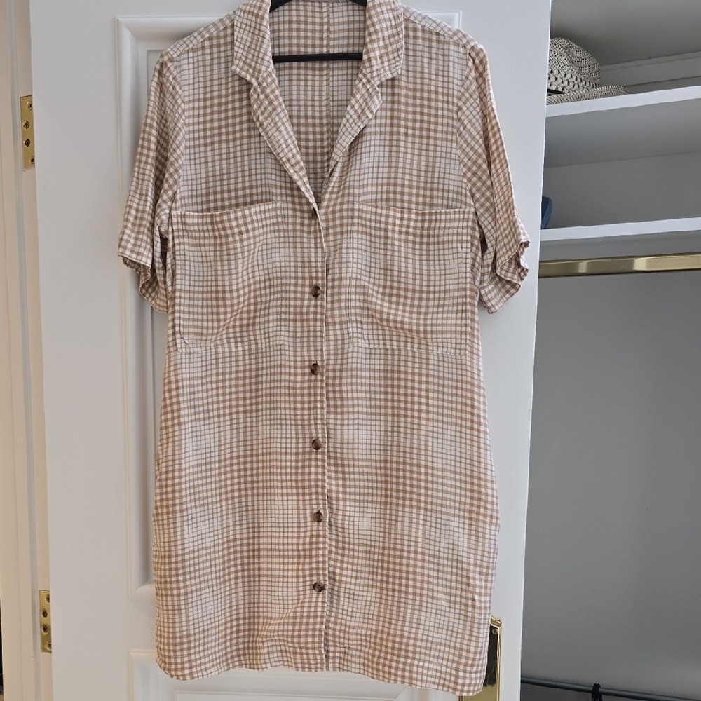 Everlane Tan Checkered Shirt Dress
